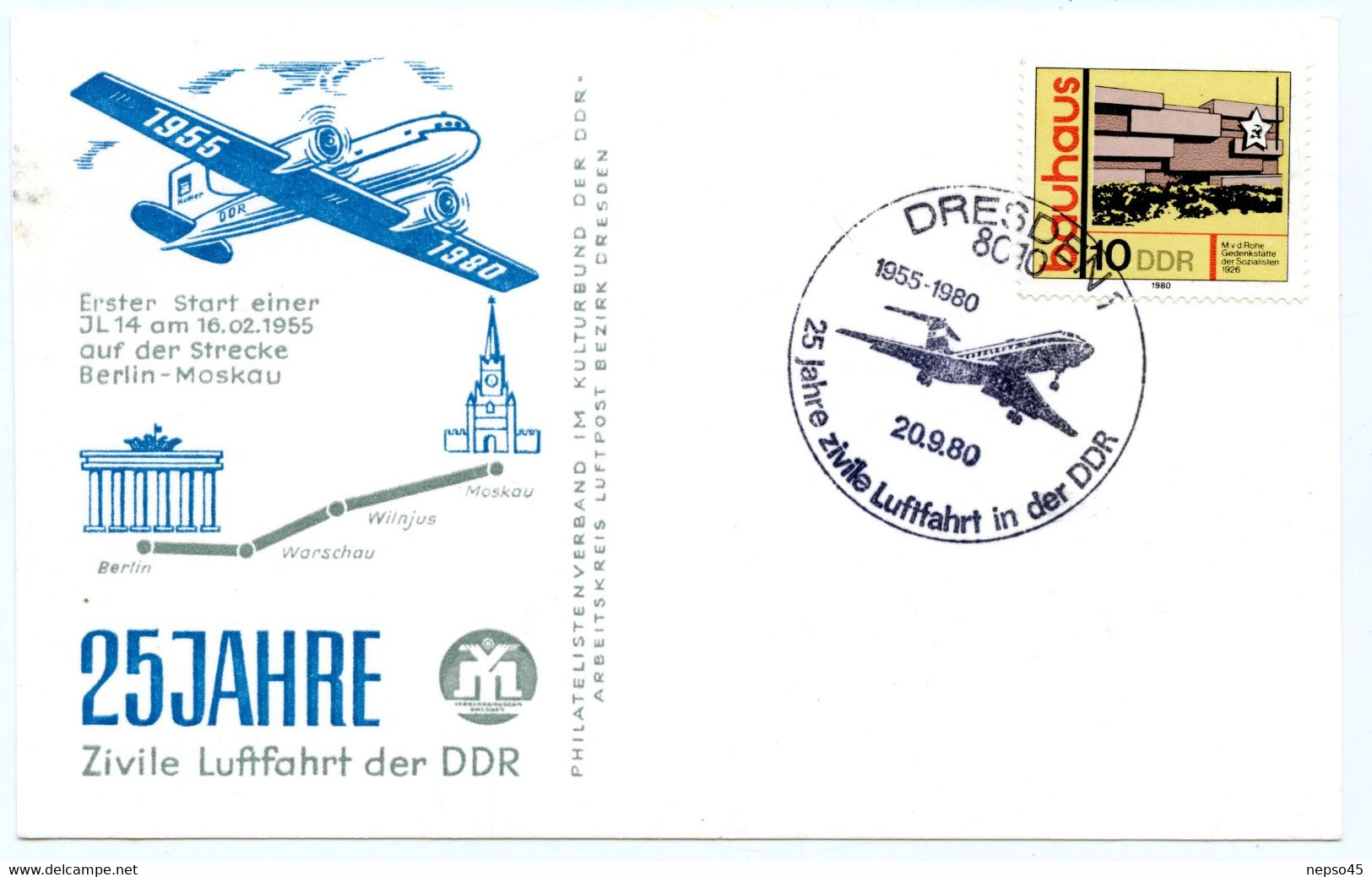 Carte.25ème Année De La Ligne Aérienne Civile Berlin Varsovie Vilnius Moscou.20 Septembre 1980. - Stationery