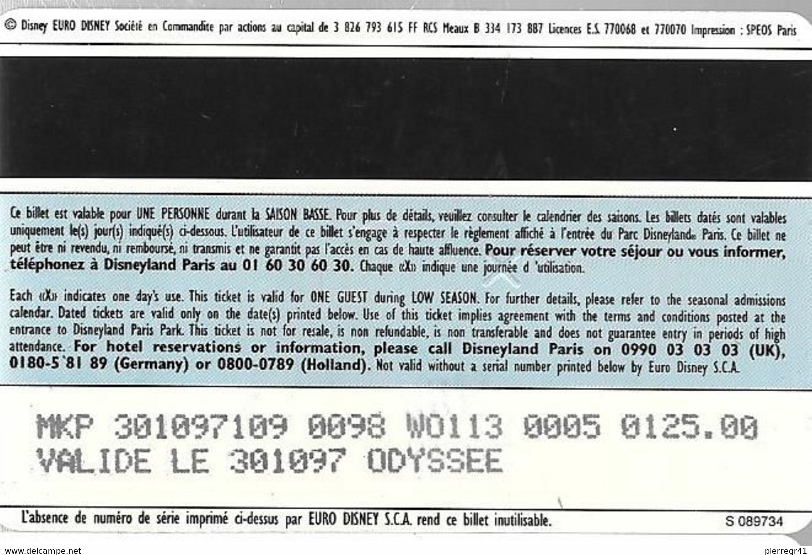 PASS-DISNEYLANDPARIS -1998-PERSONNAGES -ADULTE--V° SPEOS-S 089734-VALIDE 1JOUR ODYSSEE TBE- - Pasaportes Disney