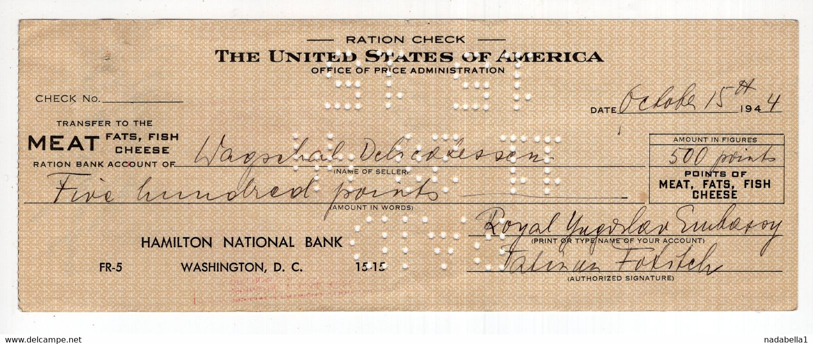 1944. UNITED STATES OF AMERICA,RATION CHECK,ROYAL EMBASSY OF YUGOSLAVIA,POINTS FOR MEAT,FATS,FISH AND CHEESE - United States