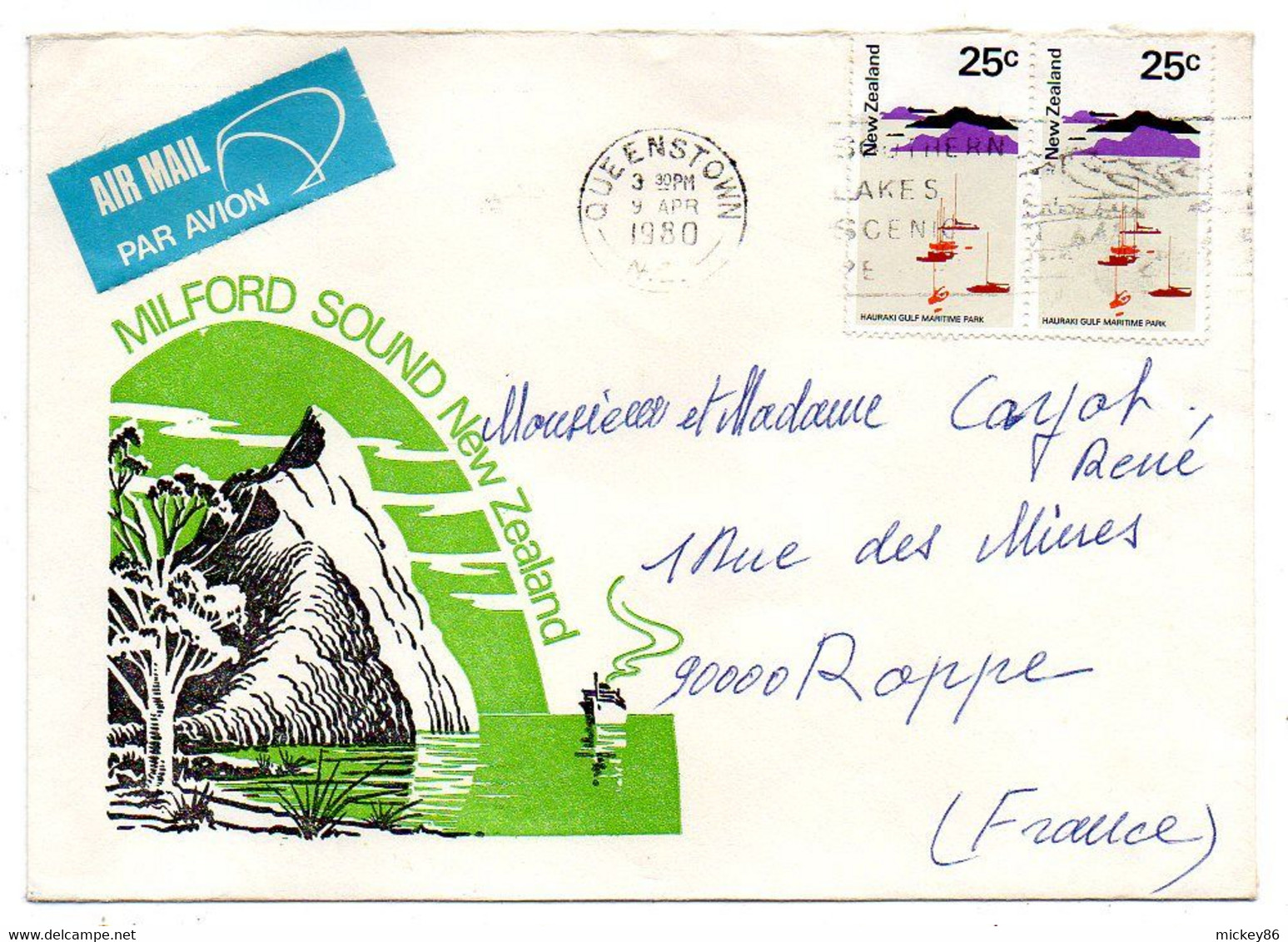 Nouvelle-Zélande-1980--lettre Queenstown  Pour Roppe-90 ( France)-paire De Timbres Sur Lettre.illustrée.....cachet - Cartas & Documentos