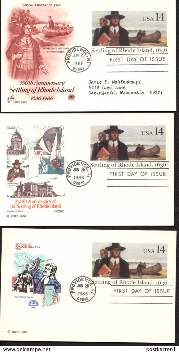 SETTLING OF RHODE ISLANDS UX112 3 Postal Cards FDC 1986 - 1981-00
