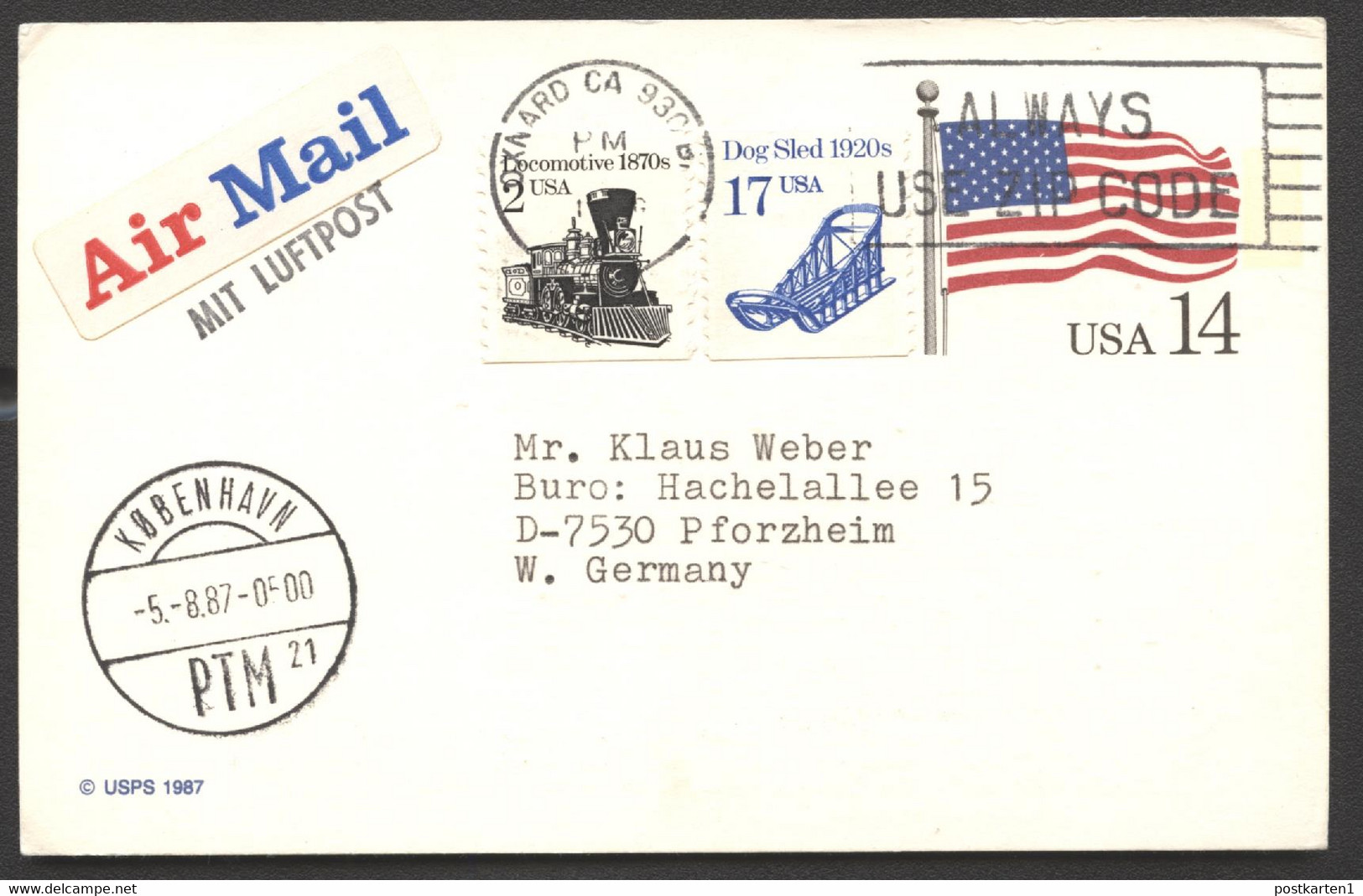 UX117 Postal Card Oxnard CA To GERMANY Airmail 1987 Transit COPENHAGEN - 1981-00