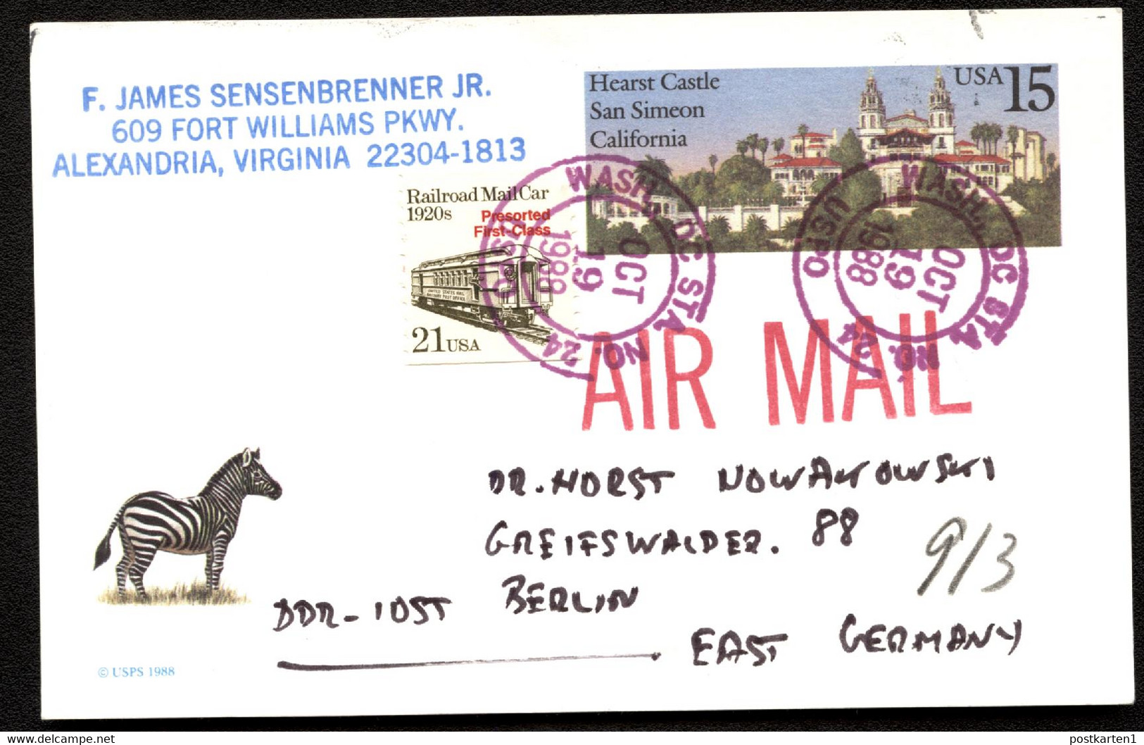 USA UX125 Postal Card Washington DC To EAST GERMANY Airmail 1988 - 1981-00