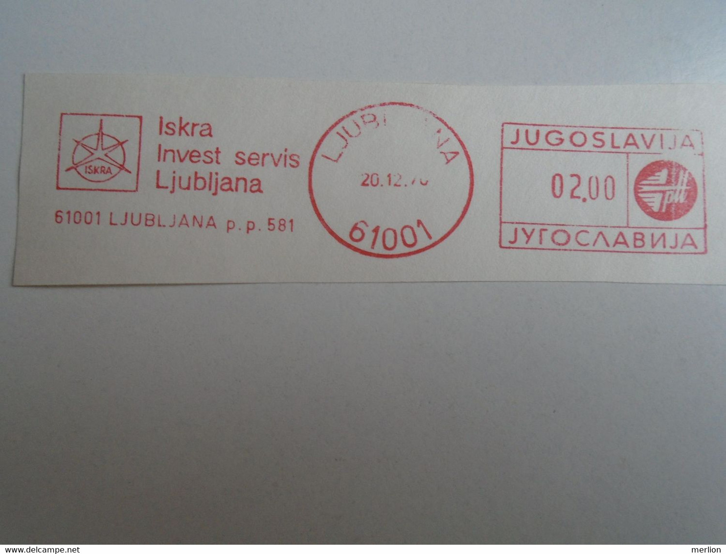 D191853  Yugoslavia - Slovenia - Ljubljana  ISKRA   1978  - 02.00 D  - RED METER  FREISTEMPEL  EMA - Otros & Sin Clasificación