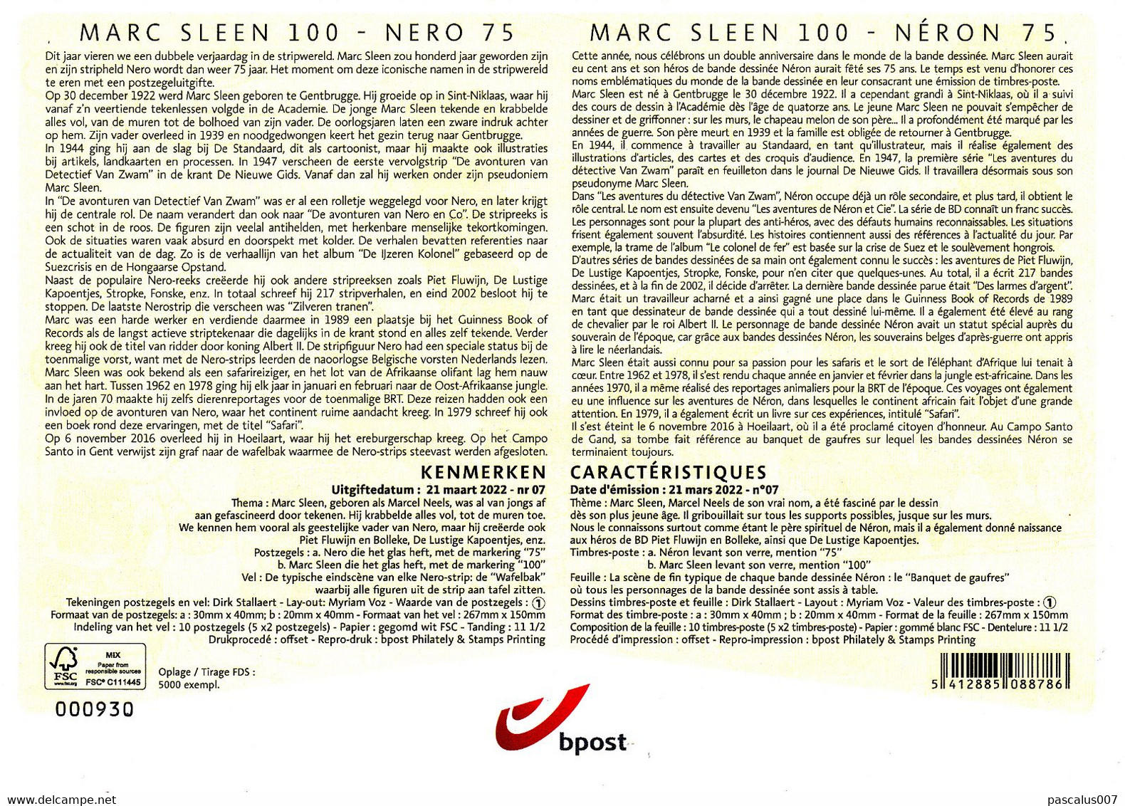 13   BL   2022-07 Belgique A5 FDS First Day Sheet  BD Nero Néron Marc Sleen Bruxelles 1000 Brussel 21-3-2022 088786 - 2011-2014