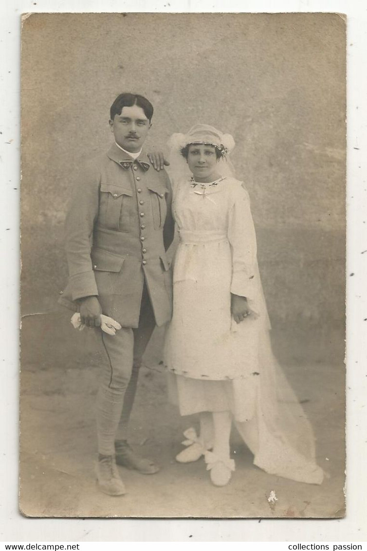 Cp, Carte Photo Reiss,Angers, Militaria , MILITAIRE Du 45 E ,vierge , Couple,mariage ,mariée - Personaggi