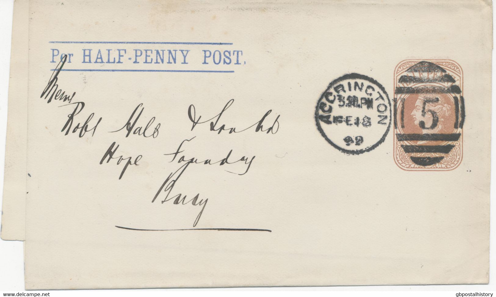 GB 1899 QV ½d Brown Superb Used Stamped To Order Postal Stationery Envelope „PER HALFPENNY POST.“ (Howard & Bullough Ltd - Postwaardestukken