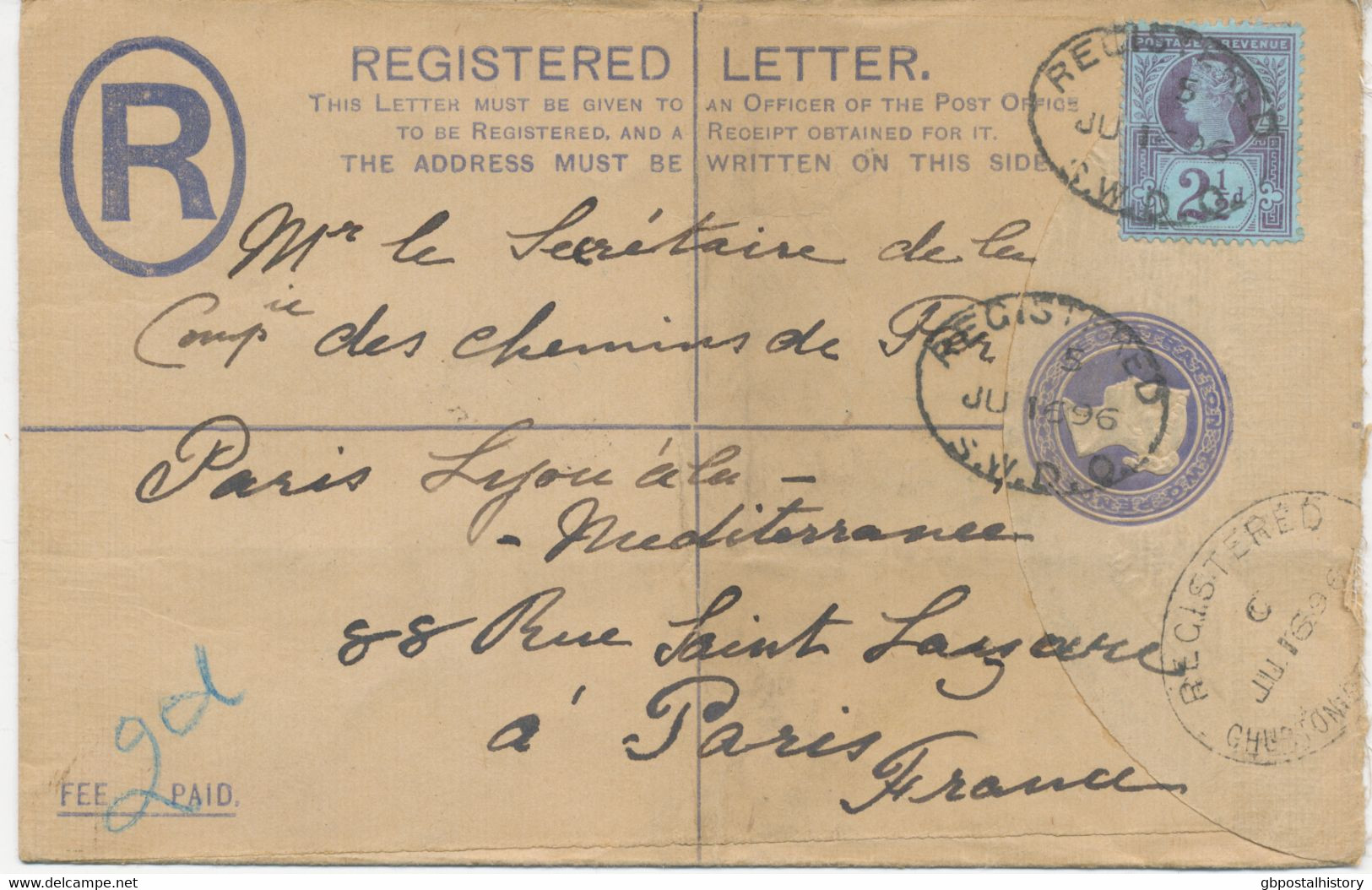 GB 1896 QV 2d Superb Used Postal Stationery Registered Env Uprated With Jubilee 2½d Tied By CDS „REGISTERED / S.W. D.O.“ - Brieven En Documenten