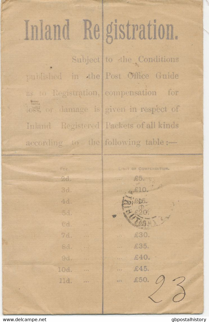 GB 1896 QV 2d Superb Used Postal Stationery Registered Env Uprated With Jubilee 2½d Tied By CDS „REGISTERED / S.W. D.O.“ - Storia Postale