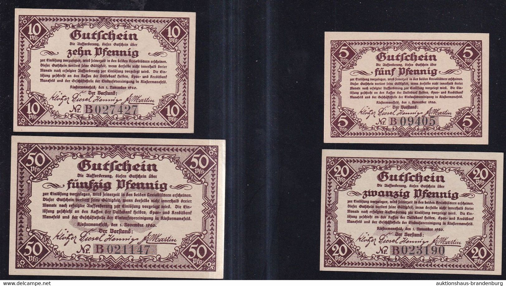 4x Klostermansfeld: 5, 10, 20 + 50 Pfennig 1.11.1920 - Einkaufsvereinigung Der Kaufleute - Collections