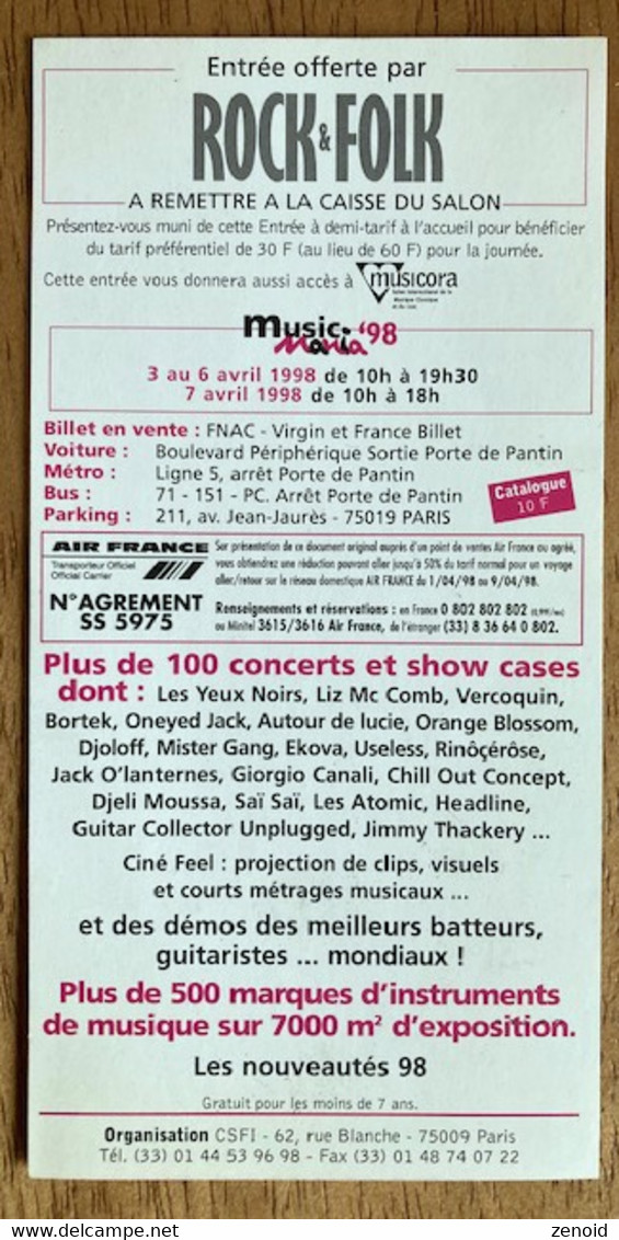 Ticket "Music Mania 98" - Paris La Vilette - Tickets De Concerts