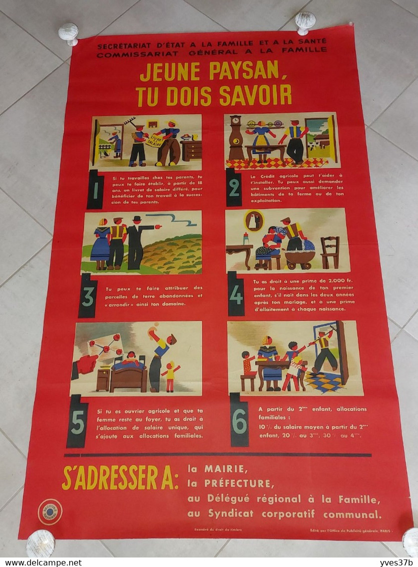 AFFICHE ANCIENNE ORIGINALE - JEUNE PAYSAN TU DOIS SAVOIR - ANNÉES 40- AFFICHE DU SECOURS NATIONAL - 112x70 - B/TB - Afiches