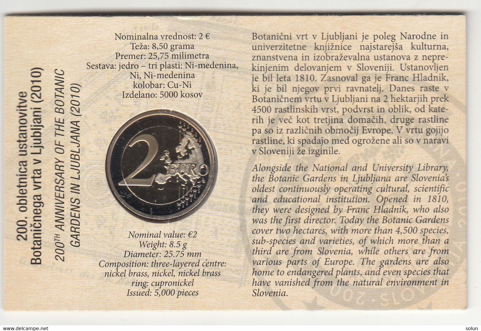 SLOVENIJA 200.0BLETNICA USTANOVITVE BOTANIČNEGA VRTA V LJUBLJANI 2010 COIN CARD 2 EUR ANNIVERSARY BOTANIC GARDENS - Slowenien