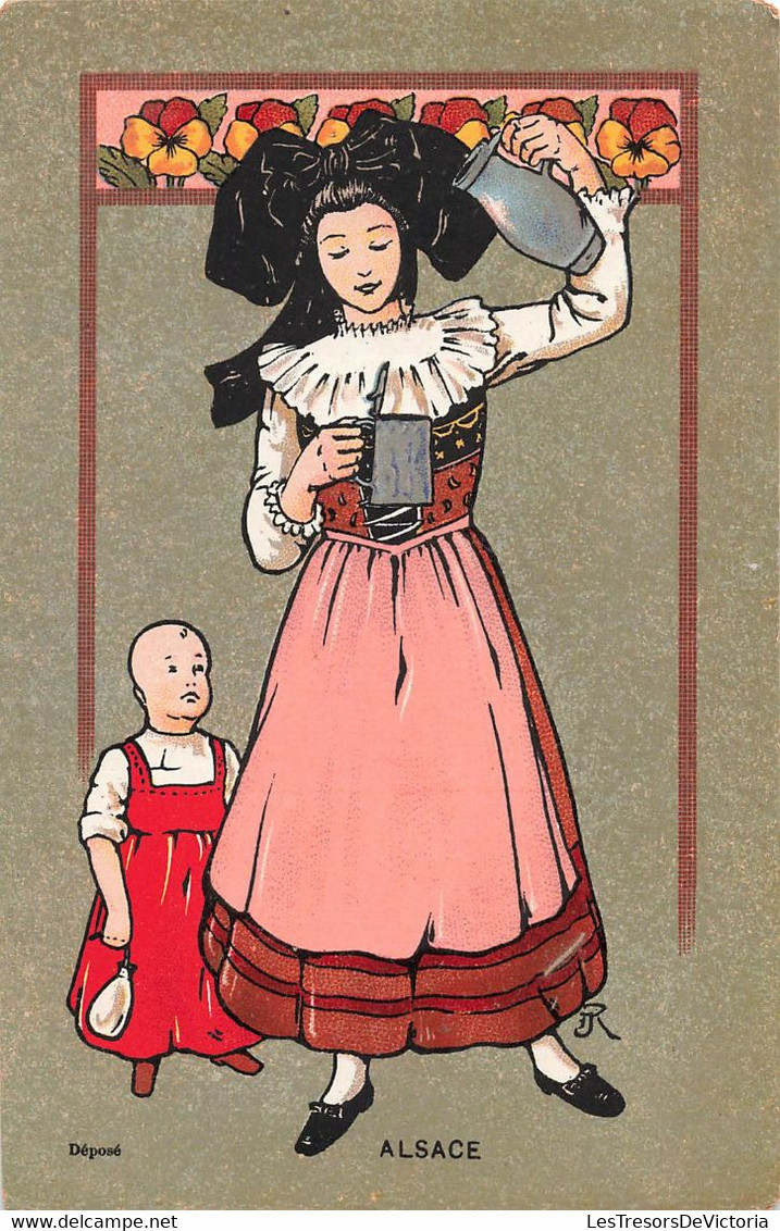 CPA Illustration Non Signée - Allegorie De L' Alsace - Femme Avec Coiffe Et Bébé à Ses Coté Et Pot En Fer - Non Classificati