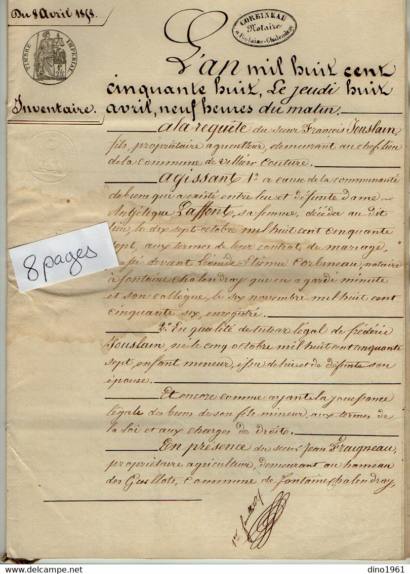 VP21.150 - FONTAINE CHALENDRAY - Acte De 1858 - Inventaire Après Décès De Mme JOUSLIN De VILLIERS COUTURE - Manuscrits