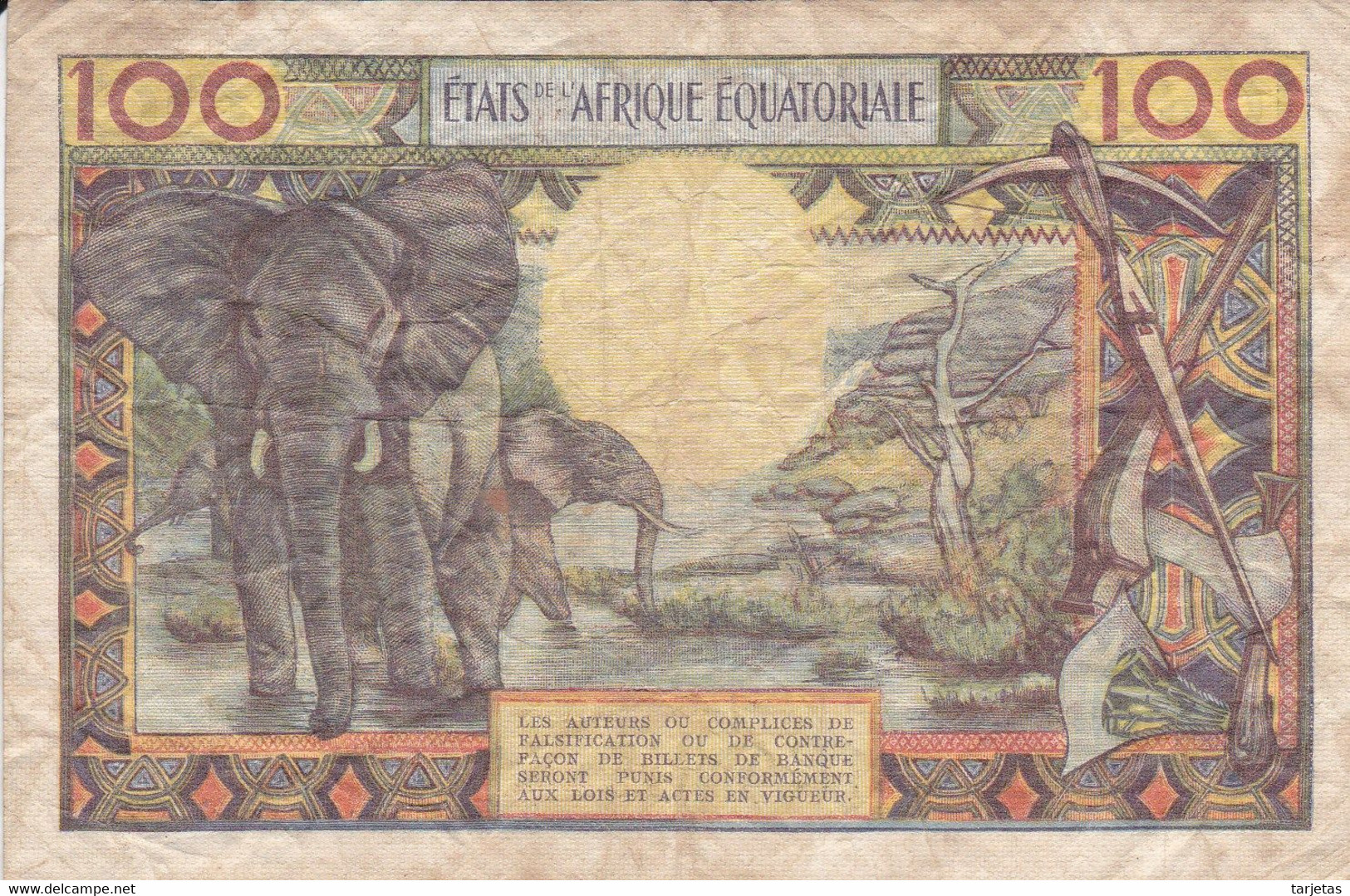 BILLETE DE ETATS AFRIQUE EQUATORIALE DE 100 FRANCS DEL AÑO 1963 (ELEFANTE-ELEPHANT) - Centraal-Afrikaanse Staten