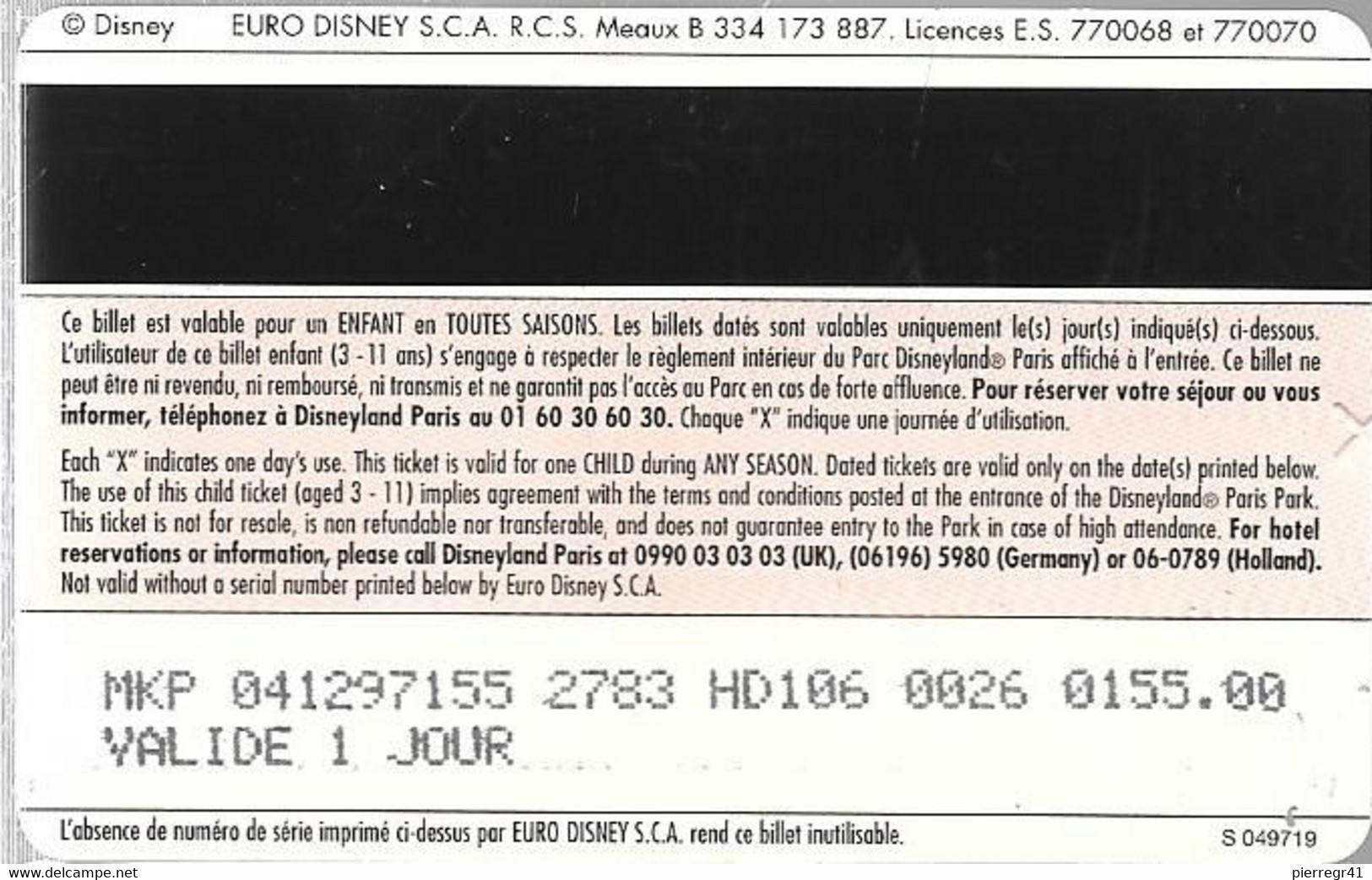 PASS-DISNEYLANDPARIS -1997-5 ANS-MICKEY-V°SPEOS- N° S 049719-VALIDE 1 JOUR-TBE- - Passeports Disney