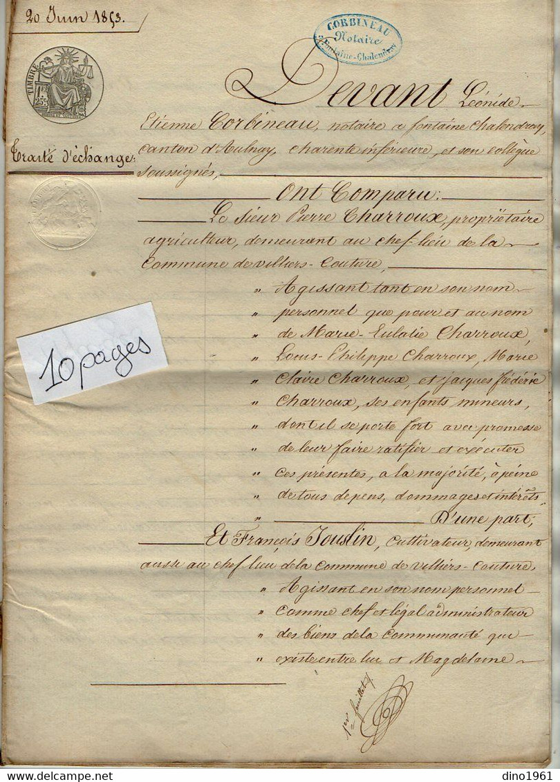 VP21.153 - FONTAINE CHALENDRAY - Acte De 1853 - Traité D'échange Entre Mrs P. CHARROUX à VILLIERS COUTURE & F.JOUSLIN - Manuscrits