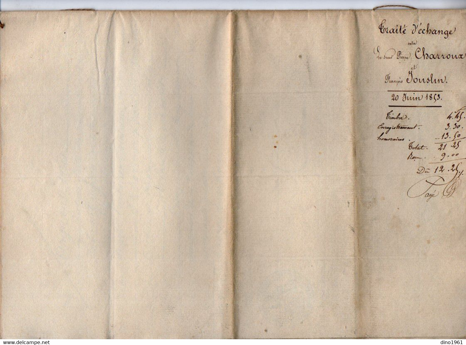 VP21.153 - FONTAINE CHALENDRAY - Acte De 1853 - Traité D'échange Entre Mrs P. CHARROUX à VILLIERS COUTURE & F.JOUSLIN - Manuscrits