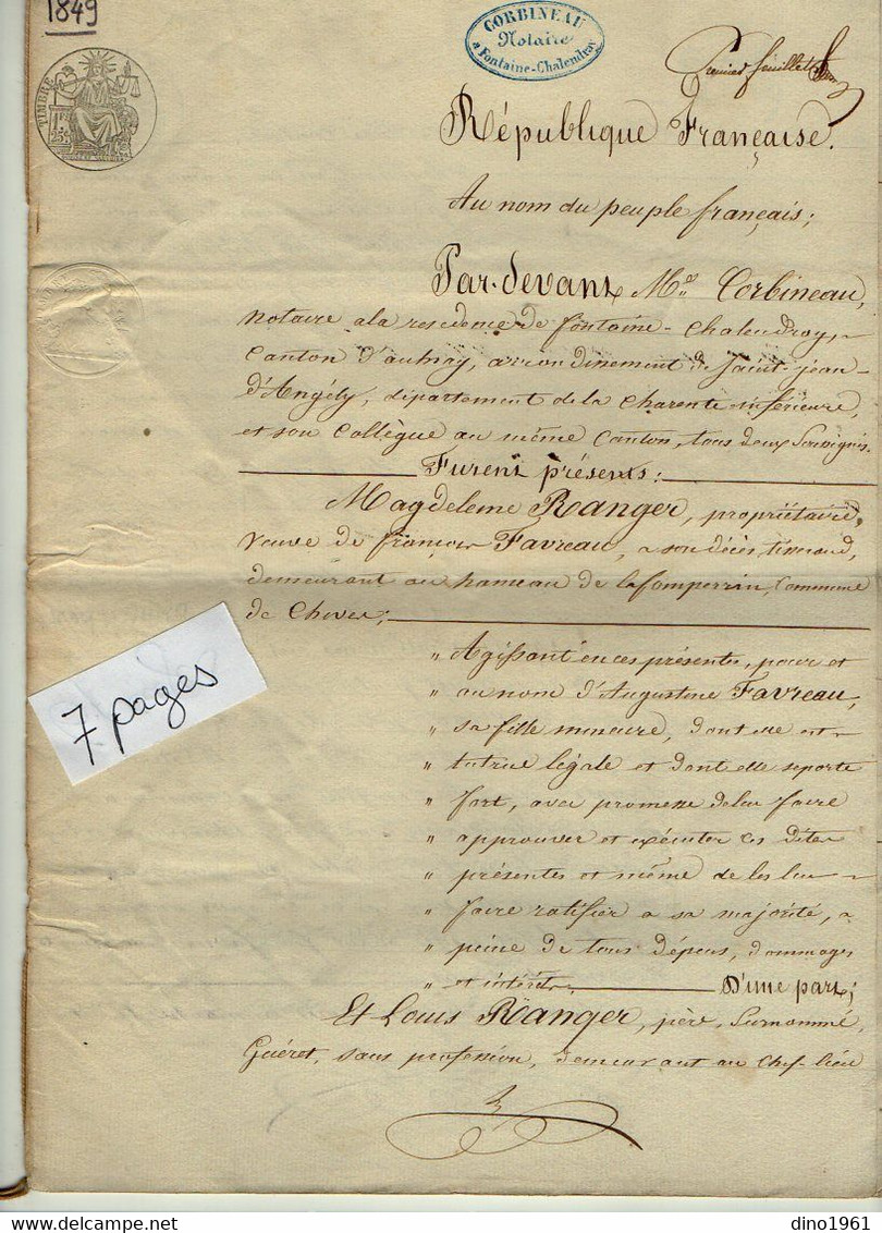 VP21.154 - FONTAINE CHALENDRAY - Acte De 1853 - Vente De Terre Sise à VILLIERS COUTURE Par Mr FAVREAU à Mr RANGER - Manuscrits