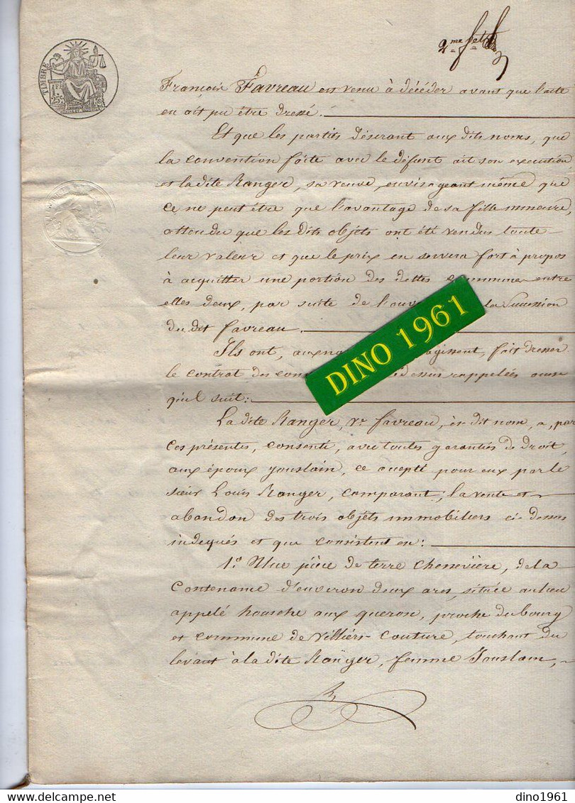 VP21.154 - FONTAINE CHALENDRAY - Acte De 1853 - Vente De Terre Sise à VILLIERS COUTURE Par Mr FAVREAU à Mr RANGER - Manuscrits