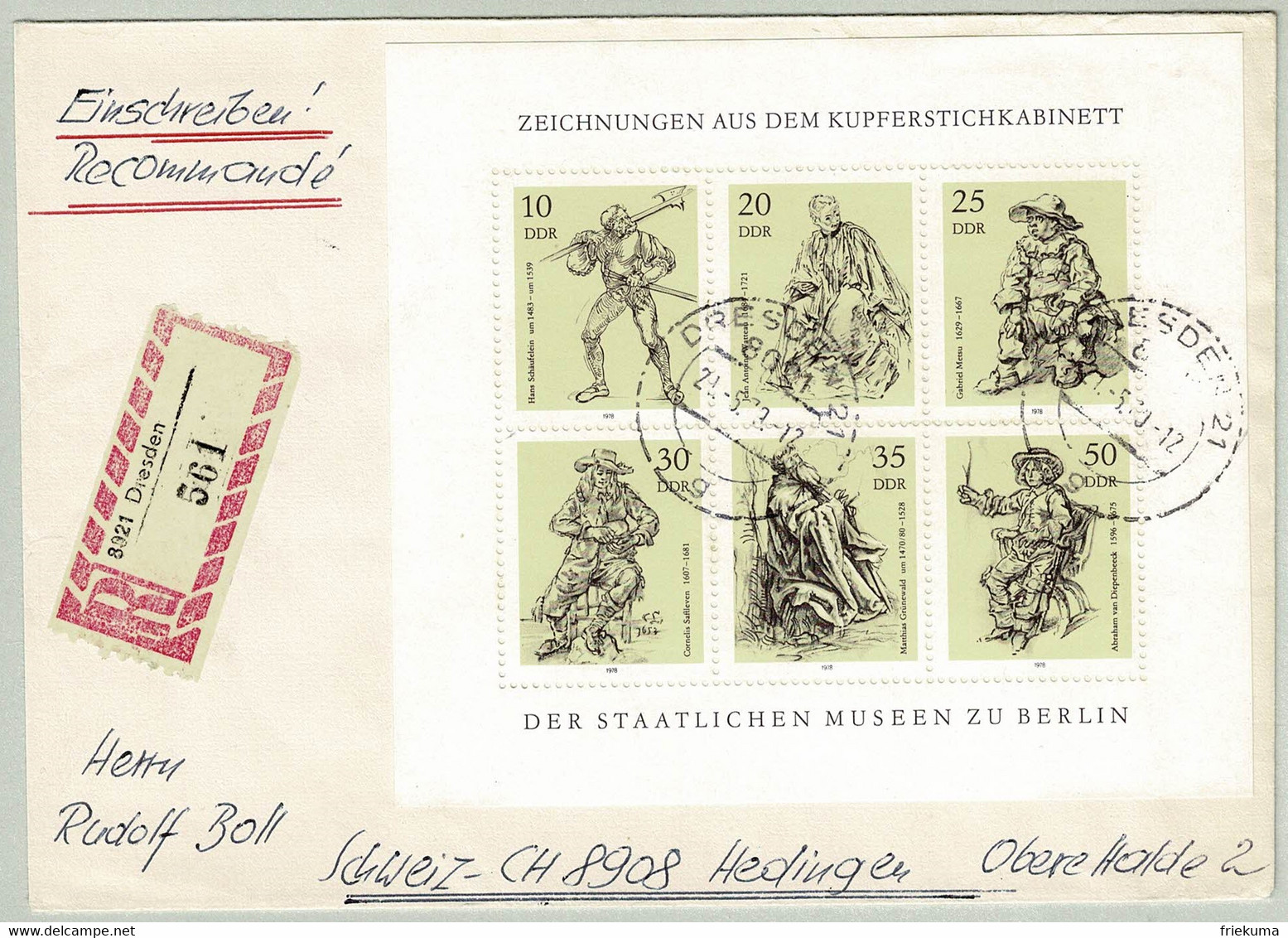 DDR 1979, Brief Einschreiben Dresden - Hedingen (Schweiz), Block Kupferstiche, Zeichnungen, Staatliche Museen Berlin - Gravures