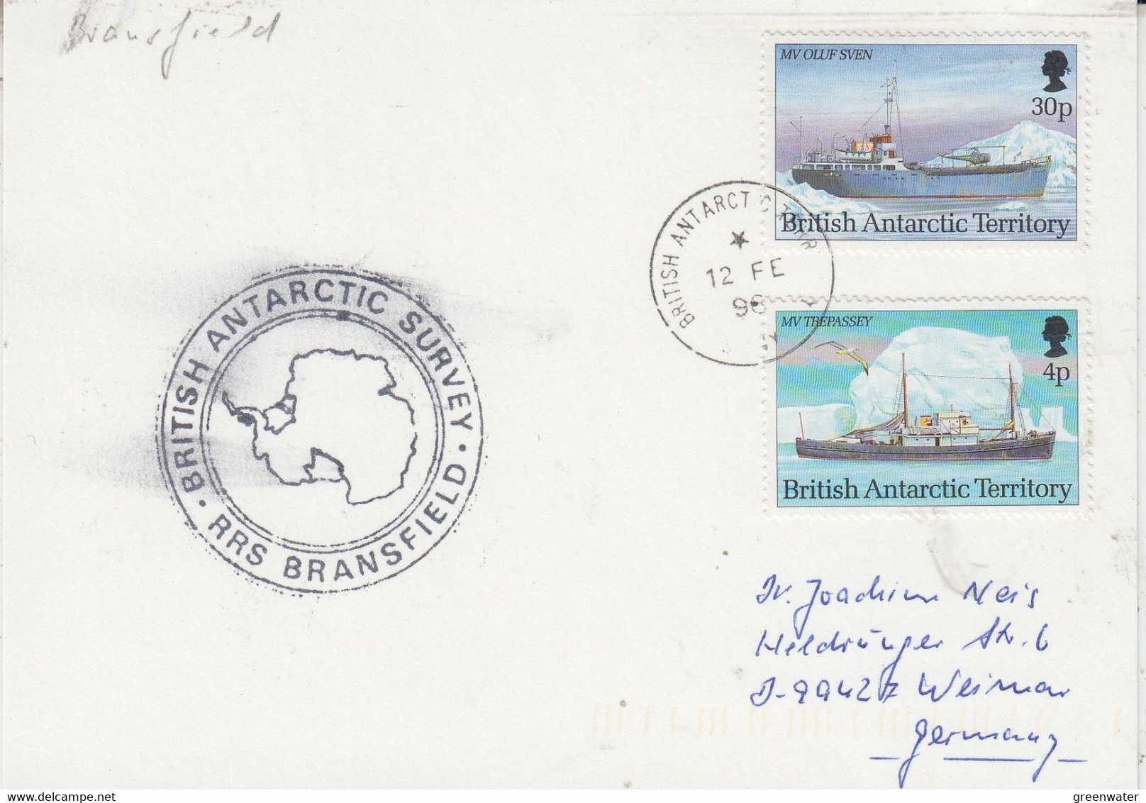 British Antarctic Territory (BAT)  Ca RRS Bransfield Card Ca Signy 12 FE 1996 (AT192) - Storia Postale