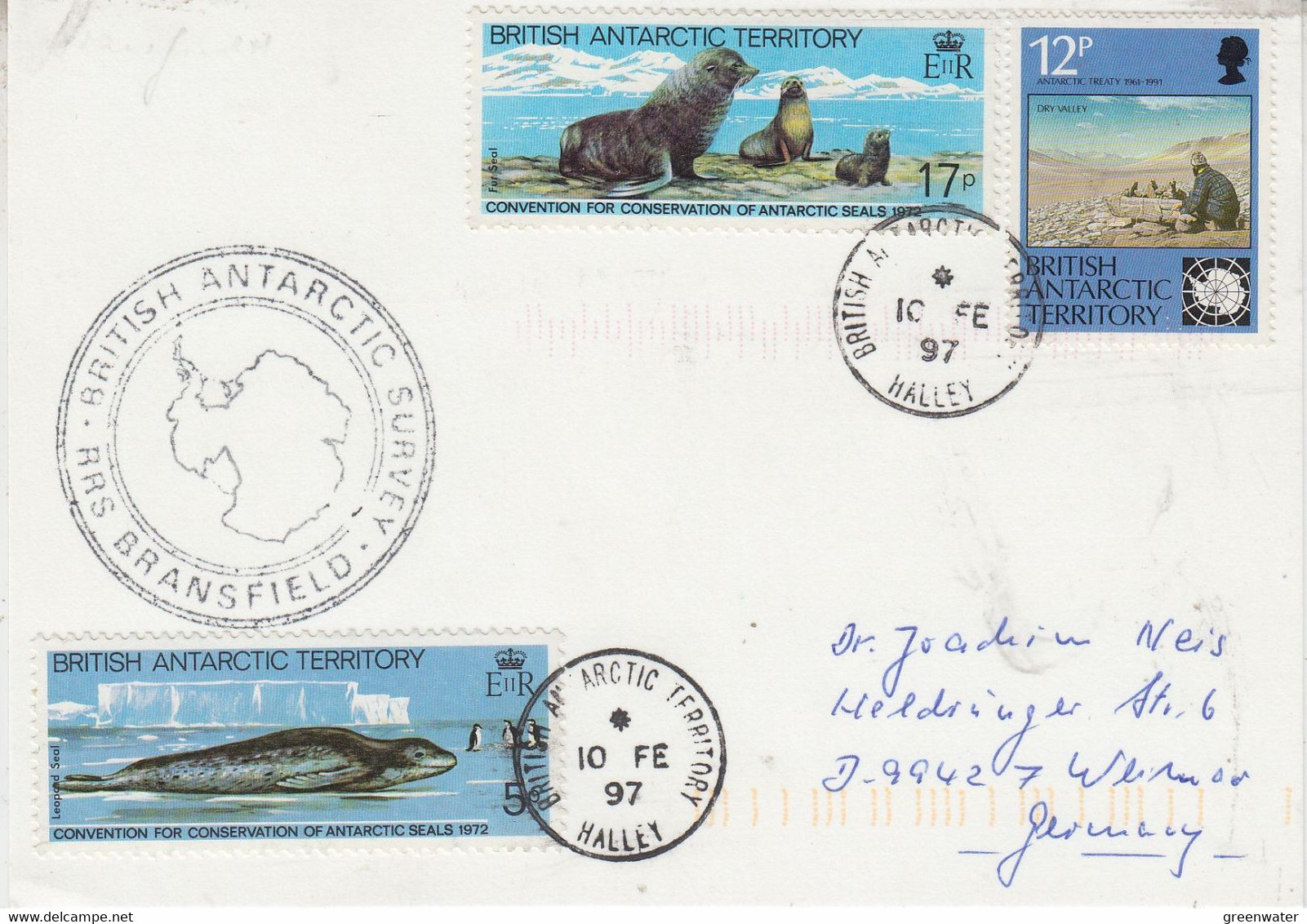 British Antarctic Territory (BAT) Ca RRS Bransfield Card Ca Halley 10 FE 1997 (AT194) - Storia Postale