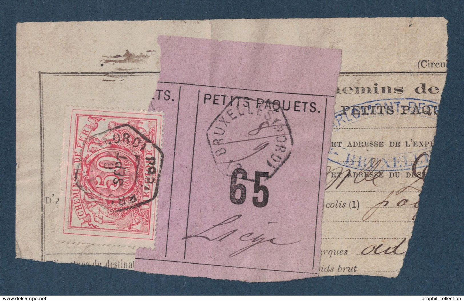 FRAGMENT Avec ETIQUETTE PETITS PAQUETS TIMBRE CHEMINS DE FER CACHET BRUXELLES (ÉVIDÉ) > LIEGE 1888 - Documenti & Frammenti