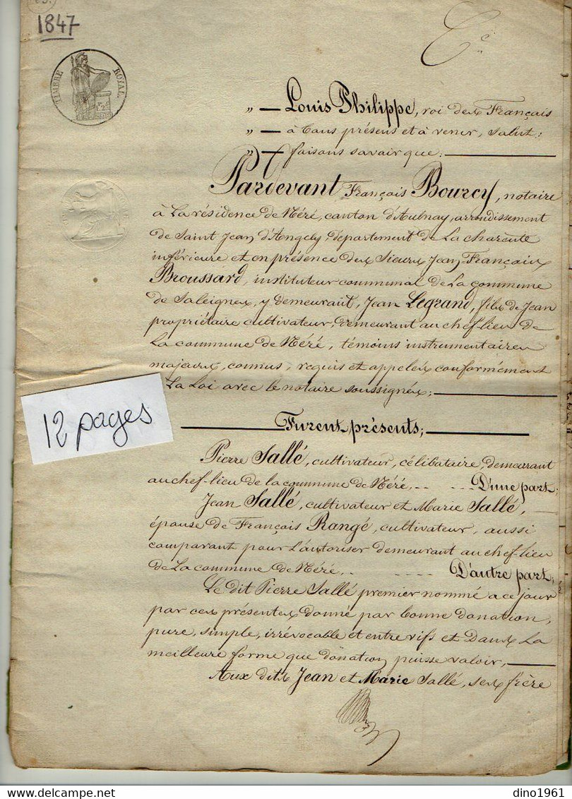 VP21.157 - NERE - Acte De 1847 - Donation Entre Vifs Par Mr Pierre SALLE De NERE à Jean & Marie SALLE - Manuscritos