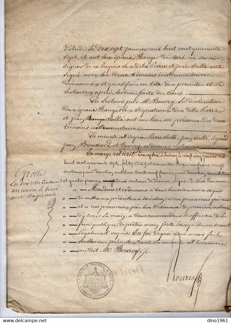 VP21.157 - NERE - Acte De 1847 - Donation Entre Vifs Par Mr Pierre SALLE De NERE à Jean & Marie SALLE - Manuscrits