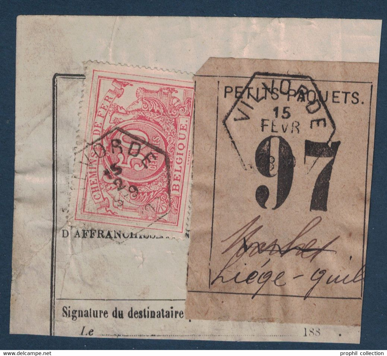 FRAGMENT Avec ETIQUETTE PETITS PAQUETS TIMBRE CHEMINS DE FER CACHET VILVORDE > LIEGE 1889 ? - Dokumente & Fragmente