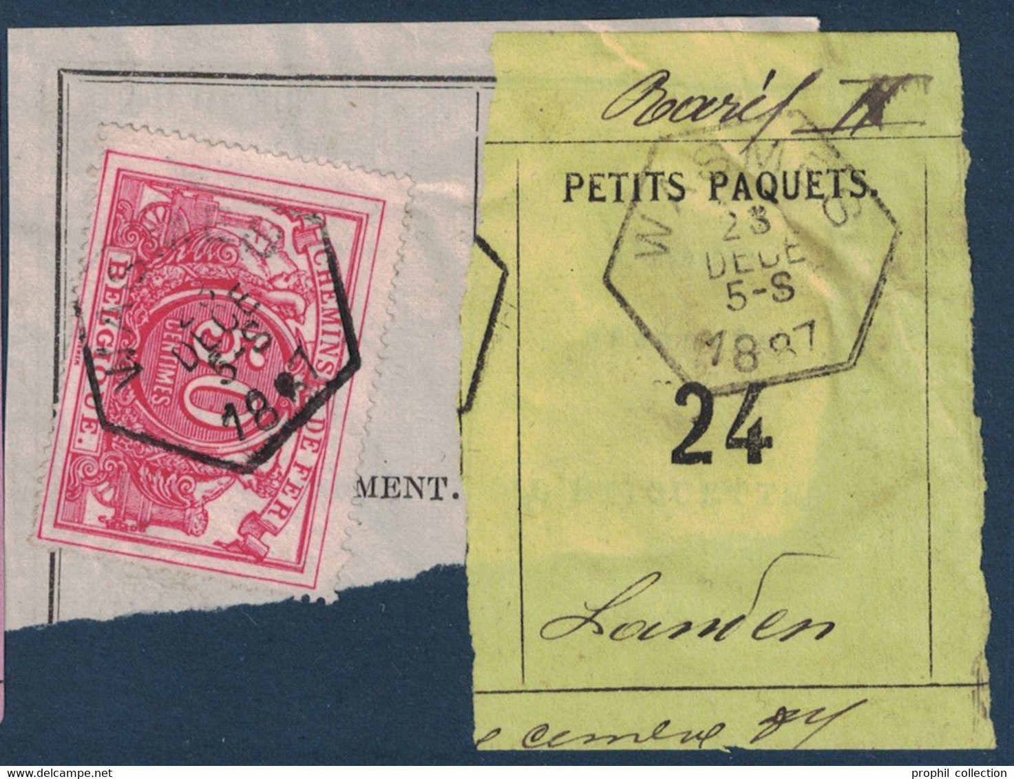 FRAGMENT Avec ETIQUETTE PETITS PAQUETS TIMBRE CHEMINS DE FER CACHET WASMES > LANDEN 1887 - Documentos & Fragmentos