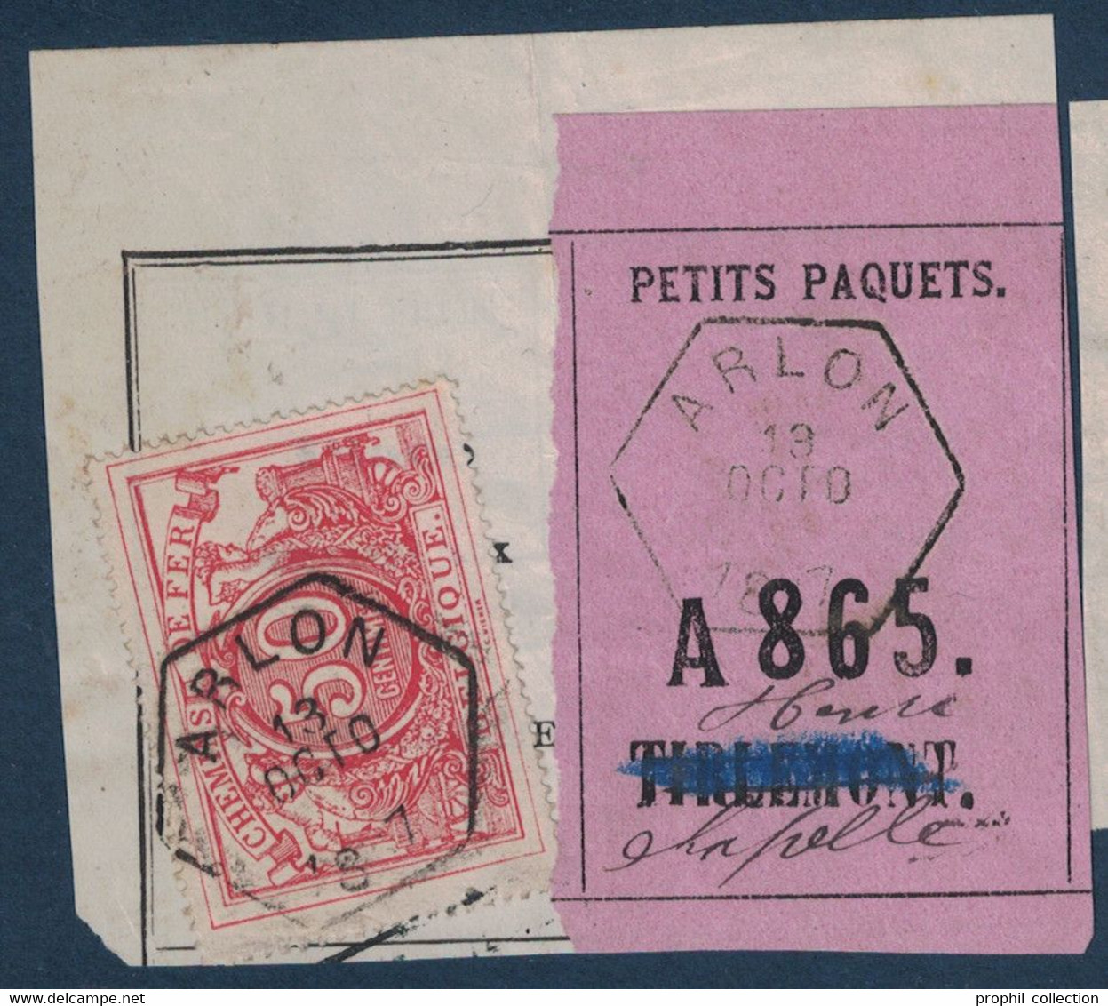 FRAGMENT Avec ETIQUETTE PETITS PAQUETS TIMBRE CHEMINS DE FER CACHET ARLON > HAVRE CHAPELLE ? 1887 - Documenten & Fragmenten