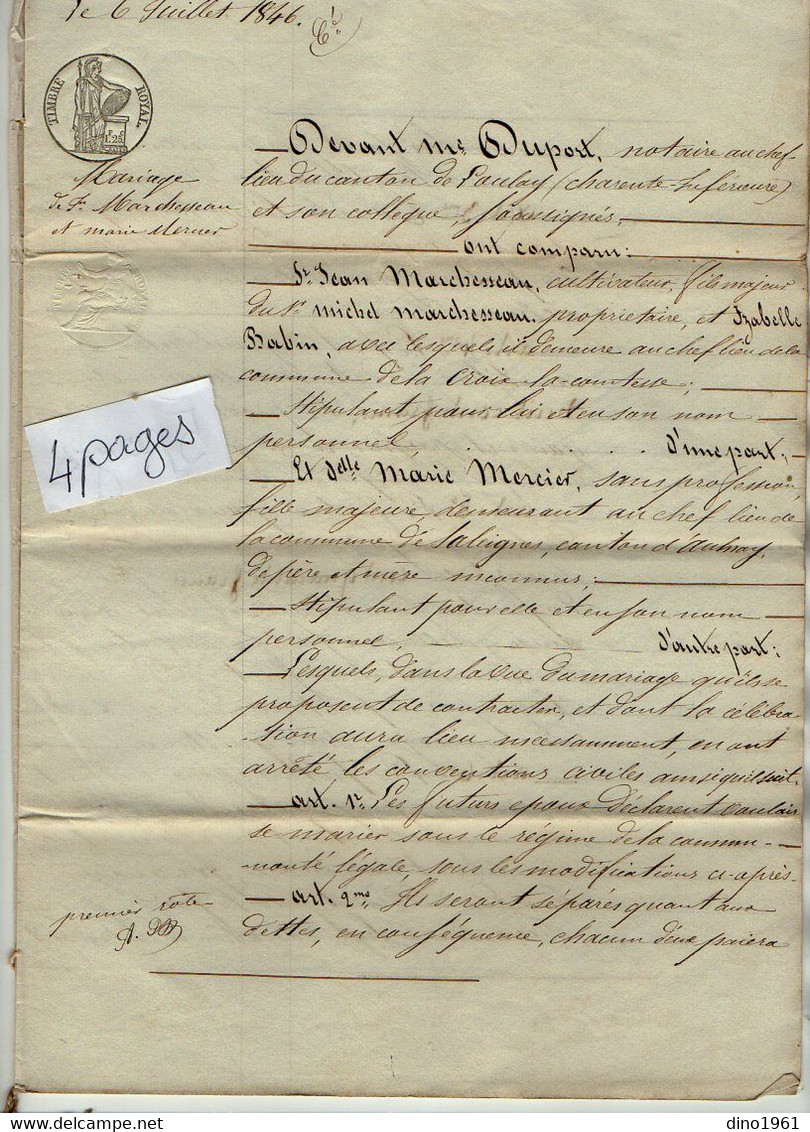 VP21.159 - LOULAY - Acte De 1846 - Contrat De Mariage - Mr MARCHESSEAU à LA CROIX COMTESSE & Melle MERCIER à SALEIGNES - Manuscrits