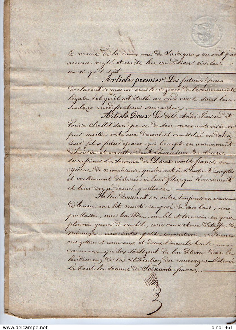 VP21.160 - NERE - Acte De 1845 - Contrat De Mariage De Mr Jean PINSARD à SALEIGNES & Melle Marie BONTEMPS - Manuscrits
