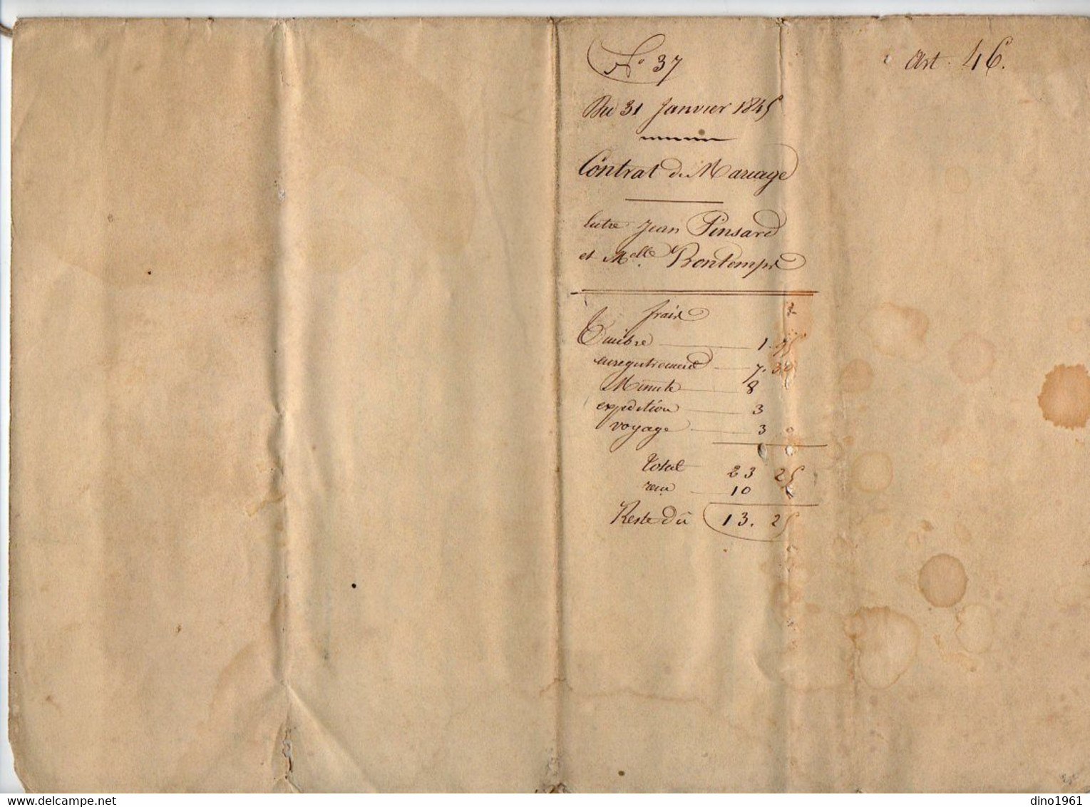 VP21.160 - NERE - Acte De 1845 - Contrat De Mariage De Mr Jean PINSARD à SALEIGNES & Melle Marie BONTEMPS - Manuscrits