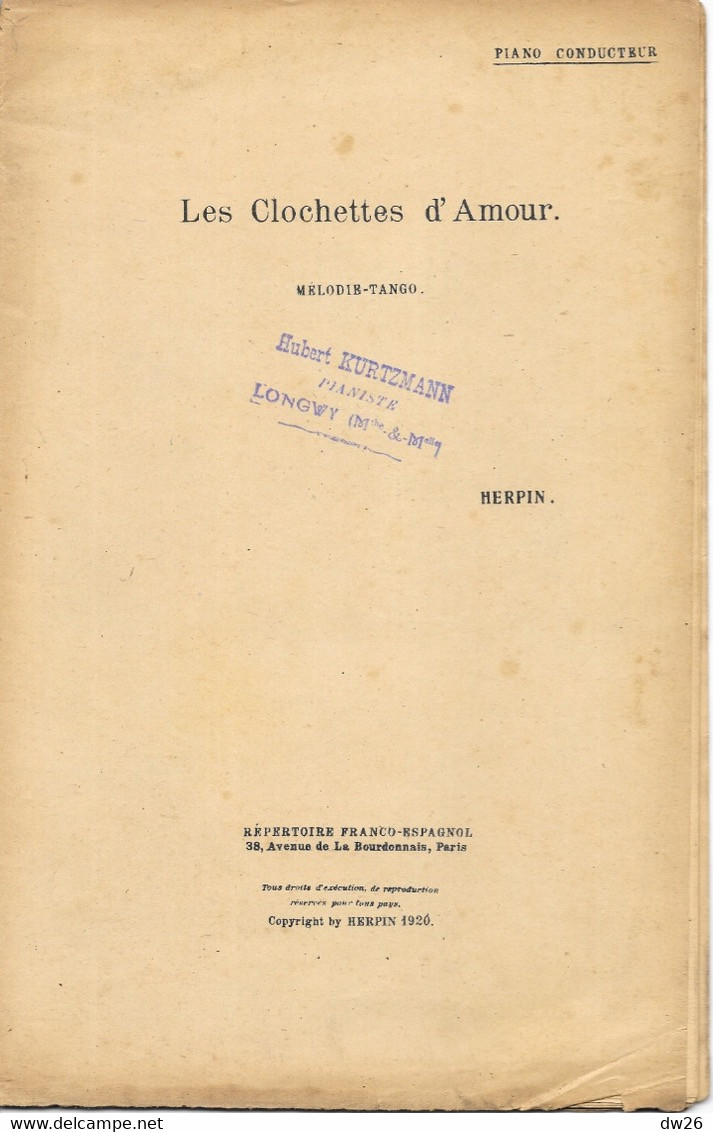 Partition Pour Orchestre 1921: Les Clochettes D'Amour, Mélodie Tango Par Herpin, Piano Conducteur, Violon, Clarinette... - Noten & Partituren