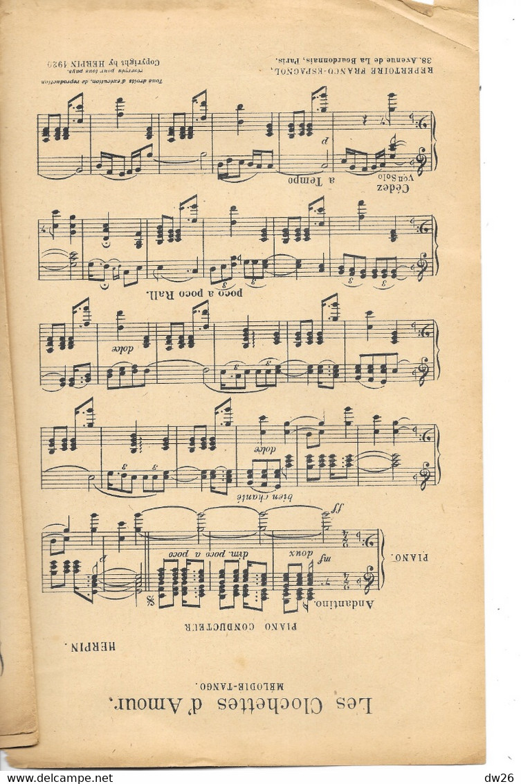 Partition Pour Orchestre 1921: Les Clochettes D'Amour, Mélodie Tango Par Herpin, Piano Conducteur, Violon, Clarinette... - Partitions Musicales Anciennes