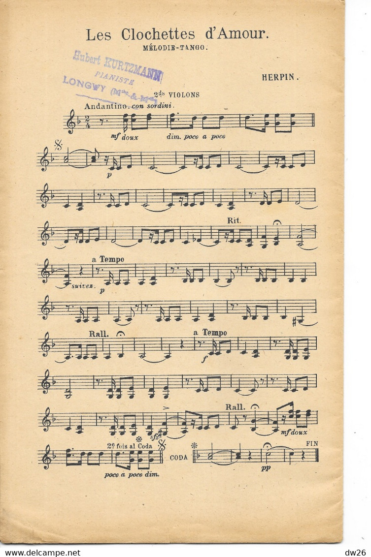 Partition Pour Orchestre 1921: Les Clochettes D'Amour, Mélodie Tango Par Herpin, Piano Conducteur, Violon, Clarinette... - Noten & Partituren