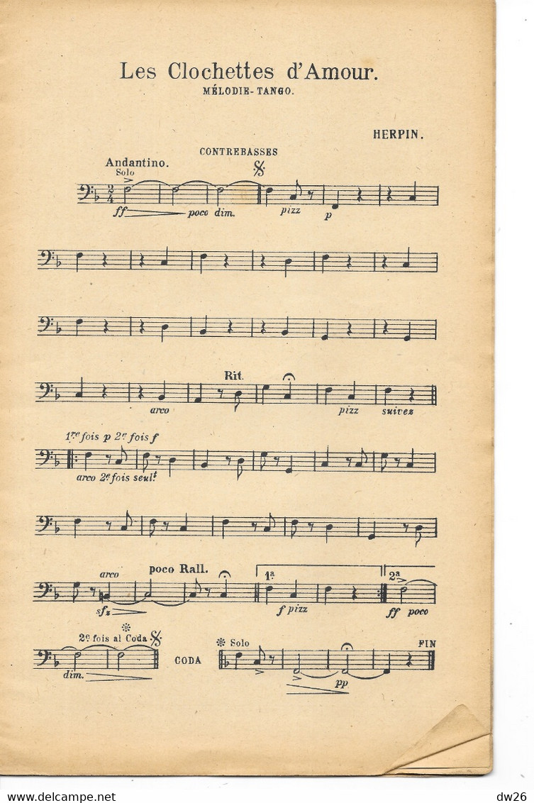 Partition pour orchestre 1921: Les Clochettes d'Amour, Mélodie Tango par Herpin, piano conducteur, violon, clarinette...