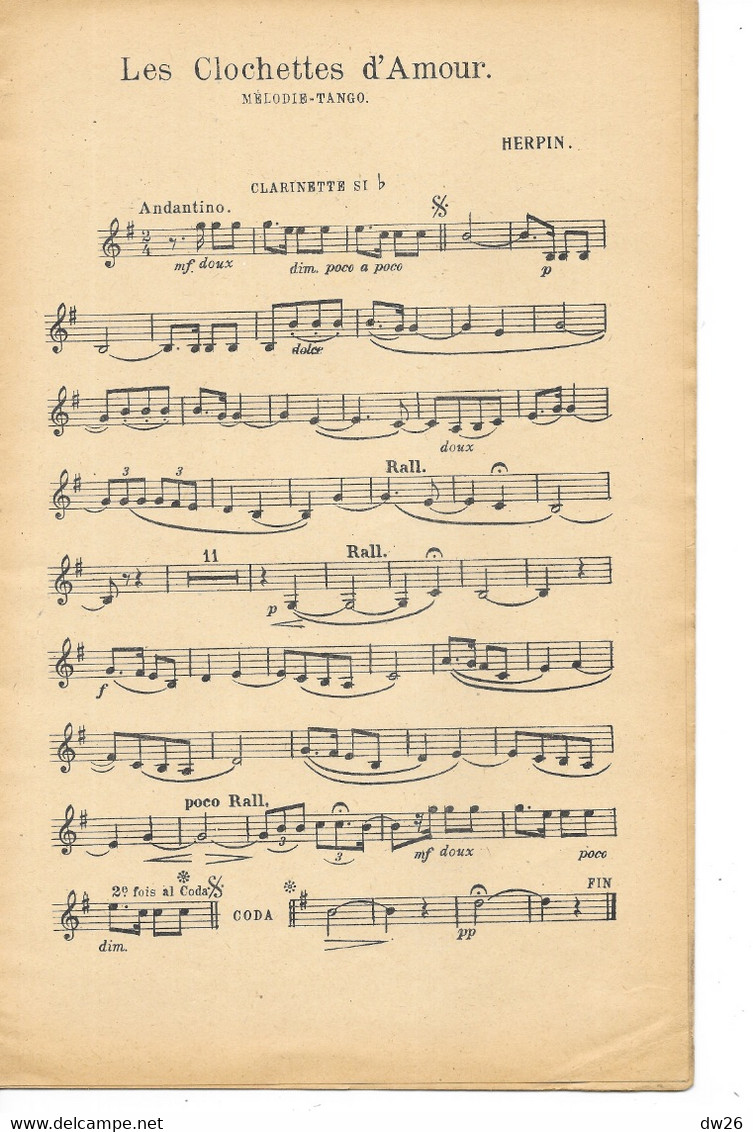 Partition pour orchestre 1921: Les Clochettes d'Amour, Mélodie Tango par Herpin, piano conducteur, violon, clarinette...