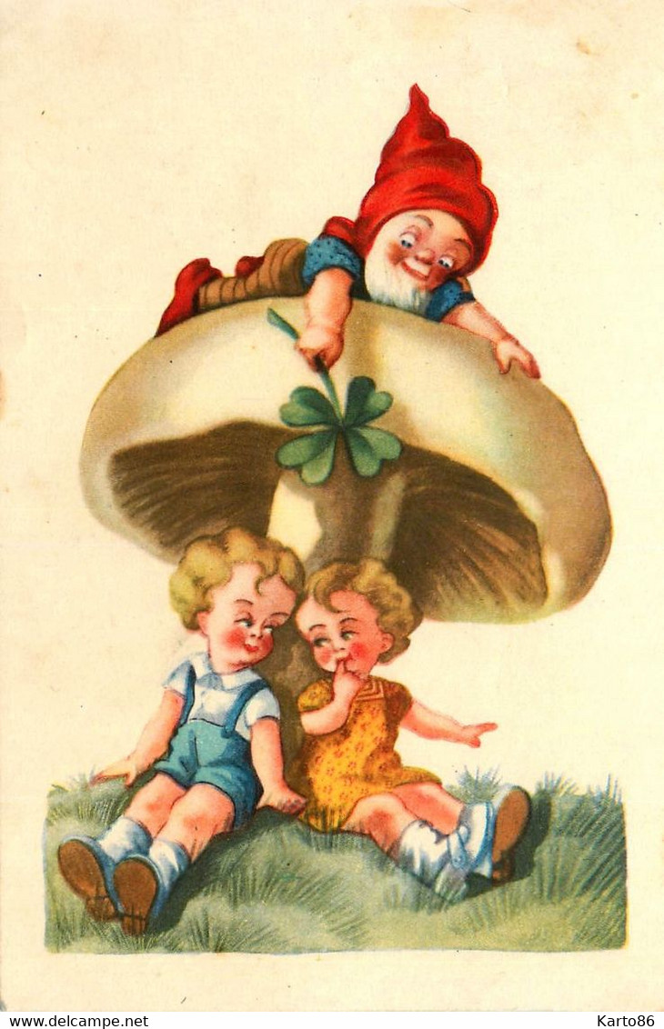 Champignon , Lutin Et Enfants * CPA Illustrateur * Lutins Leprechaun Enfant Trèfle Porte Bonheur * Mushroom Champignons - Funghi