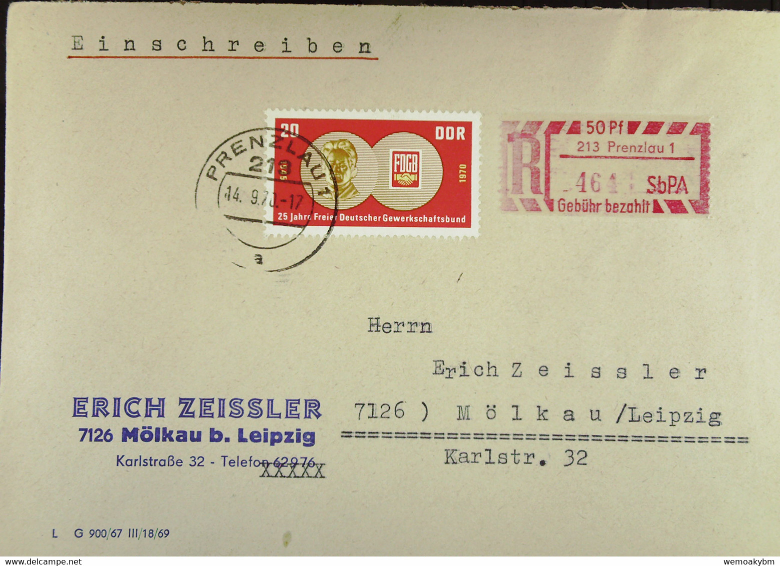 DDR: R-Fern-Brf Mit Selbstbed.-R-Zettel 50 Pf 213 Prenzlau 1 (464) -mit Einliefgschein 14.9.70 Mit 20 Pf 20 Jahre FDGB - Etiquetas De Certificado