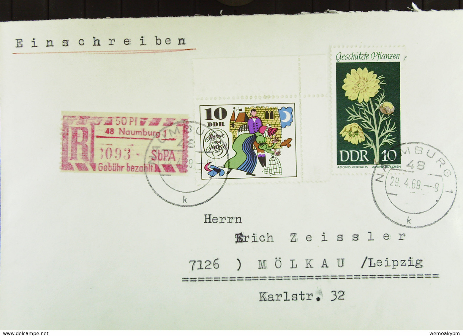 DDR: R-Fern-Brf Mit Selbstbed.-R-Zettel 50 Pf 48 Naumburg1 (093)-mit Einliefgschein 19.4.69 Mit 10 Pf Adonis U Märchen - Etiquetas De Certificado