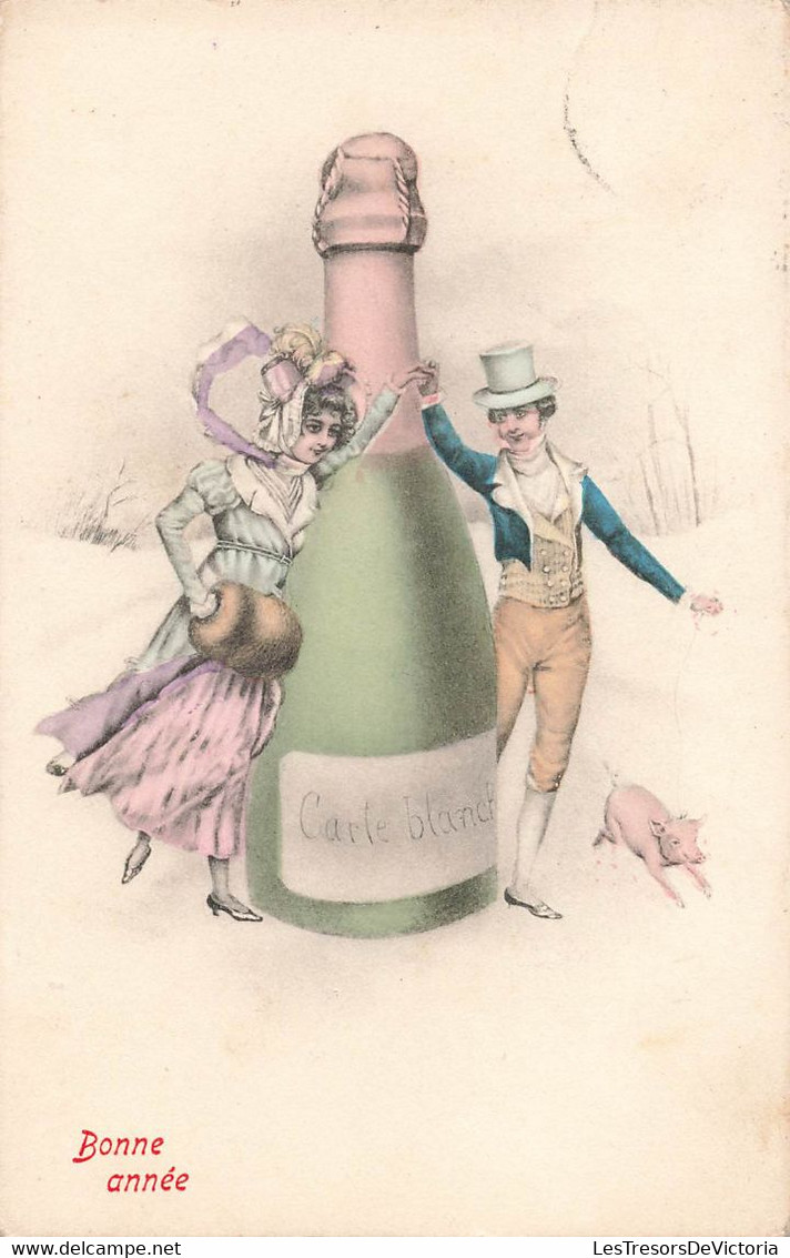 CPA Illustrateur - Bouteille De Champagne Carte Blanche - Couple Avec Un Cochon - Bonne Année - Ohne Zuordnung