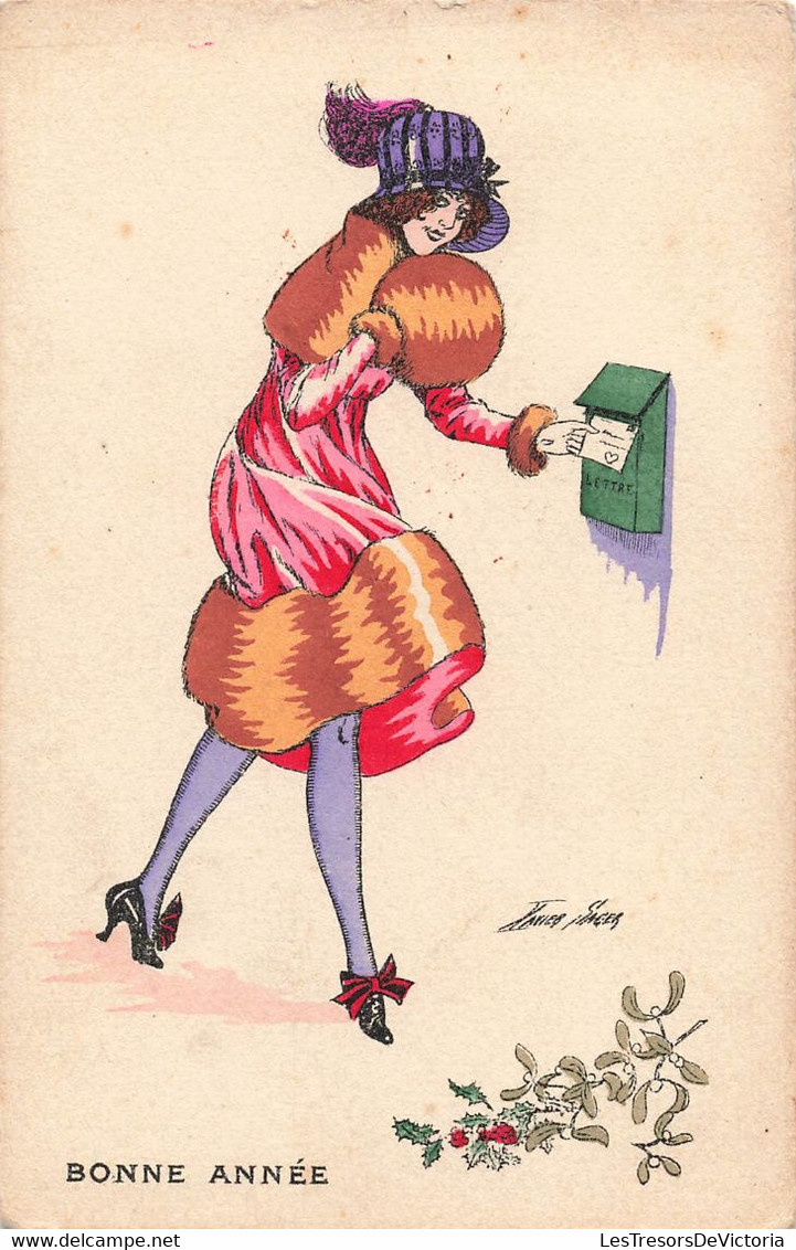 CPA Illustrateur - Xavier Sager - Bonne Année - Femme Qui Envoie Une Lettre D'amour - Houx - Souhaits Femmes - Sager, Xavier