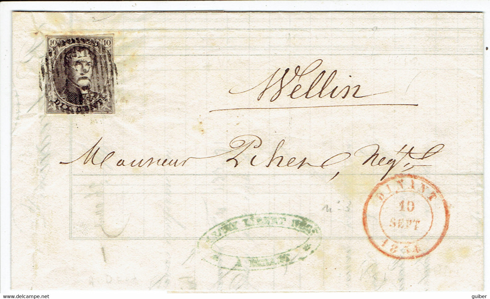 Lettre Facture TP1 Epaulettes 10c Margé  Barres 33 Dinant 1851 Vers Wellin Type 18 - 1849 Hombreras