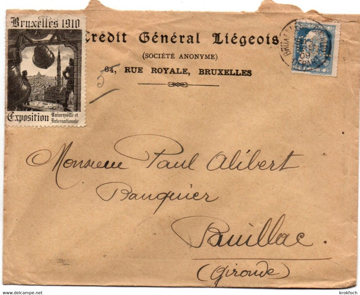 CGL Timbre Perforé Sur Lettre Crédit Général Liégeois - Bruxelles 1909 Avec Vignette Exposition 1910 Brun - 1909-34