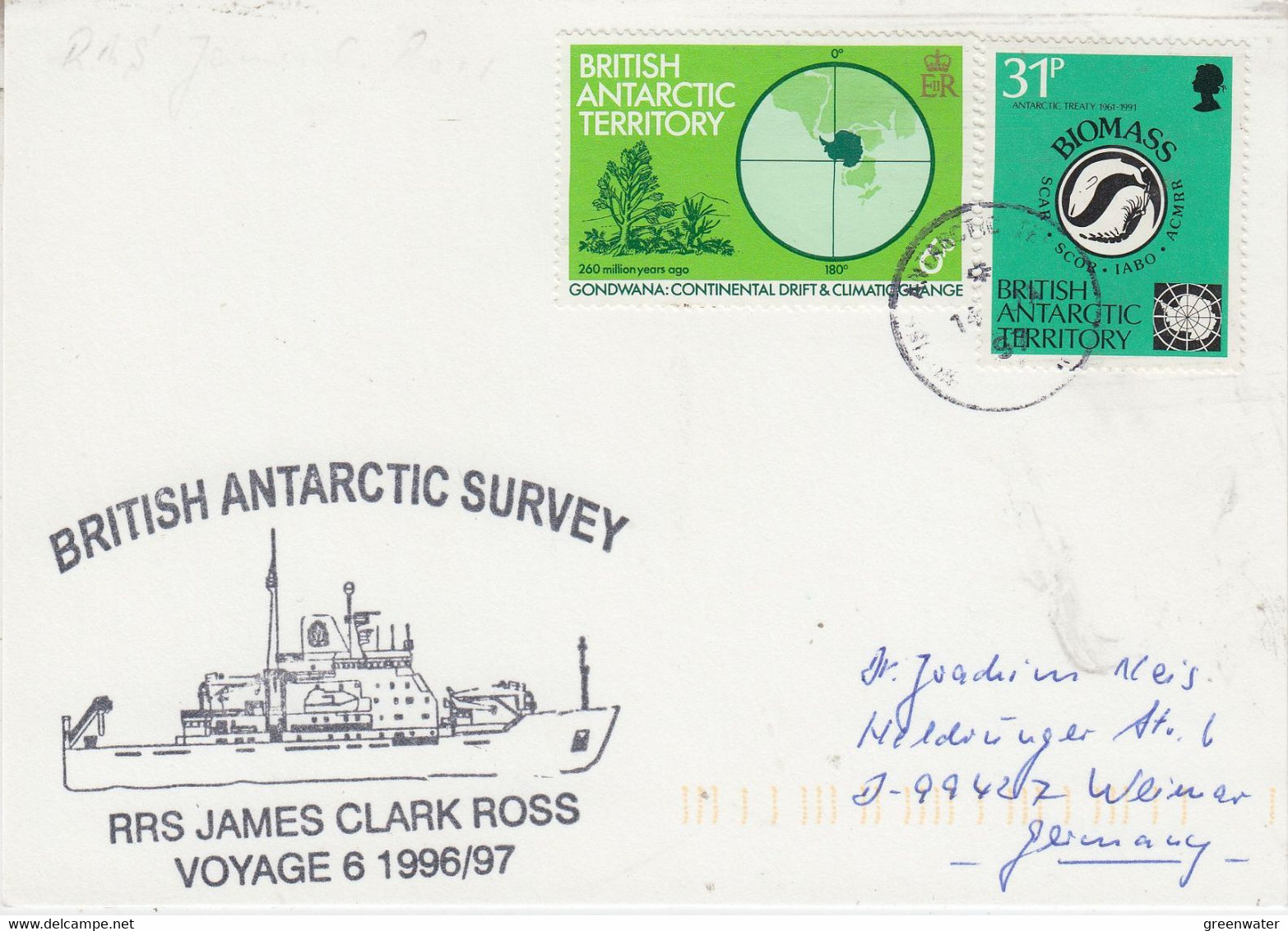 British Antarctic Territory (BAT) Ca RRS  James Clark Ross Card Ca 14 JA 1997 (AT197) - Brieven En Documenten